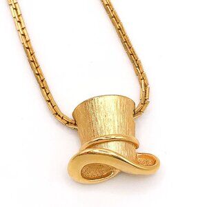 Rare Vintage Monet Signed Top Hat Pendant on Gold Tone Textured Box Chain